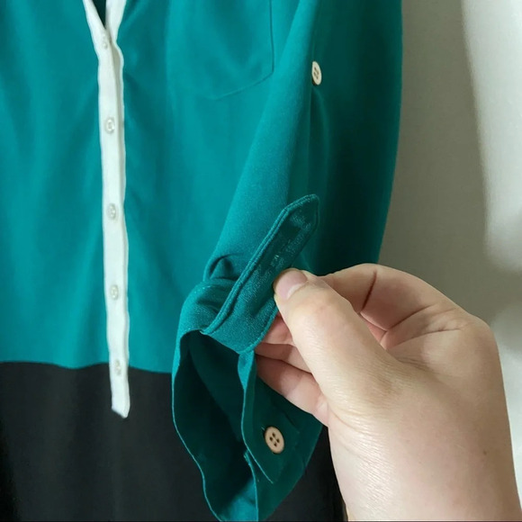Colorblock Top Tunic Style Blouse Button Shirt Size Large Green Black 3/4 Sleeve - Picture 3 of 8